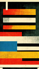 Old abstract Bauhaus poster on an grunge, yellow, vintage paper, retro stile, geometric shapes, lines squares, black, teal, dark blue, orange, yellow, gray colorful background with copy space for text
