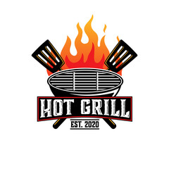 barbecue fire vector template. grill steak graphic illustration in badge emblem patch style.