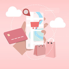 The concept of online shopping on social media app mobile or tablet with hand holding smartphone, shopping bag, chat message, delivery  icon. Suitable for digital stores illustration.