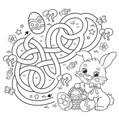 Maze or Labyrinth Game. Puzzle. Tangled road.Coloring Page Outline Of cartoon cute Easter bunny with eggs and sweets. Coloring Book for kids.
