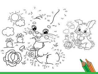 Puzzle Game for kids: numbers game. Coloring Page Outline Of cartoon cute bunny or rabbit with a watering can and with carrot and cabbage. Coloring Book for children.