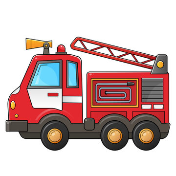 Cartoon red fire truck. Professional transport. Colorful vector illustration for kids.