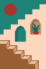 Pixel art aesthetic wallpaper. Room, window and stairs with green, pastel and brown color.