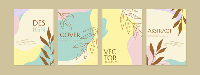 aesthetic boho style cover design set. hand drawn leaf design with pastel color abstract drawing. Universal cover Designs for book, Annual Report, Brochures, Flyers, Presentations, Leaflet, Magazine
