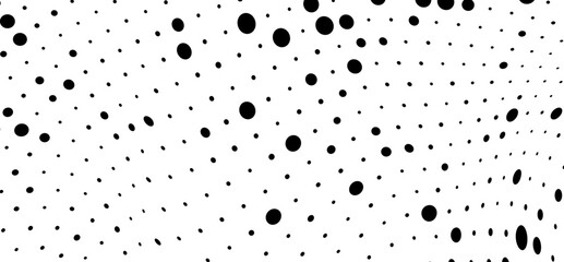 Abstract halfton texture in black and white. A chaotic pattern of dots on a white background. Vector modern optical texture of pop art for posters, business cards, covers, label layouts, stickers