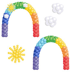Vector rainbow from colored balloons with the sun and clouds on a white background isolated