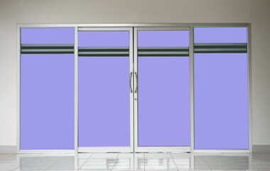 Front door of office or shop. Gate to enter into the room in building glass film sticker.Modern exterior.    