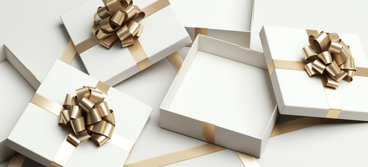 Minimal product background for Christmas, New year and sale event concept. White gift box with golden ribbon bow on white background. 3d render illustration. Clipping path of each element included.