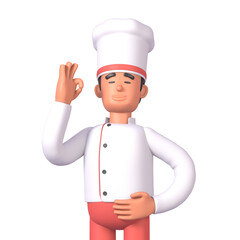 3d render of cheerful cook in white uniform showing ok hand gesture