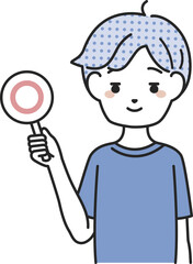 マルの札を持つ男性