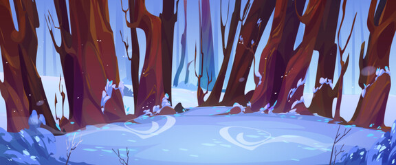 Winter forest landscape with snow and bare trees. Scenery frozen nature cartoon background with trunks and snowstorm wind in fantasy wood, beautiful wild park or garden game scene, Vector illustration