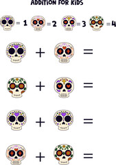 Addition for kids with different cute Mexican skulls.