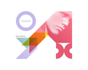 Art composition. Abstract transparency geometrical background. Digital human head constructing from cubes. Cover design template for presentation, banner, flyer, poster or brochure. 3D vector.