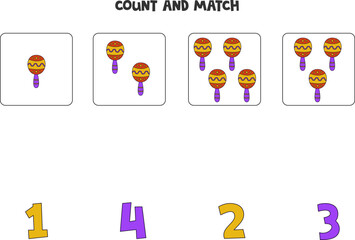 Counting game for kids. Count all maracas and match with numbers. Worksheet for children.