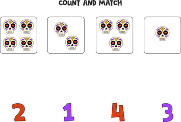 Counting game for kids. Count all Mexican skulls and match with numbers. Worksheet for children.