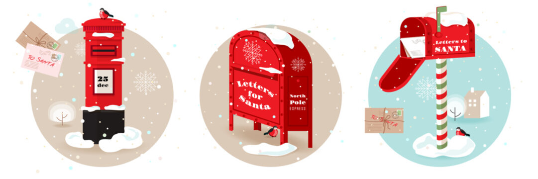 et of different shapes traditional red vintage mailboxes decorated for Christmas holidays at winter snowy background. Symbol of kids wishes and dreams, written in letters for Santa Claus. Vector  