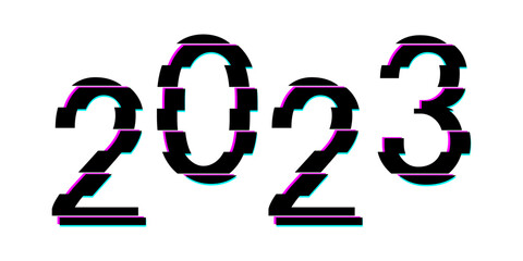 Fototapeta premium 2023 glitch logo or icon in cyberpunk style. Concept of Happy New Year 2023 in modern style. Vector isolated on white background.