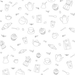 Coffee pattern, tea pots and food, black and white pattern, coffee shop pattern and printing on tablecloth, rugs.