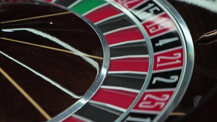 European Casino, roulette wheel turns clockwise, spin. Ball is on black number 24. Gambling ludopathy. Fortune risk chance. Lucky nightlife. Closeup