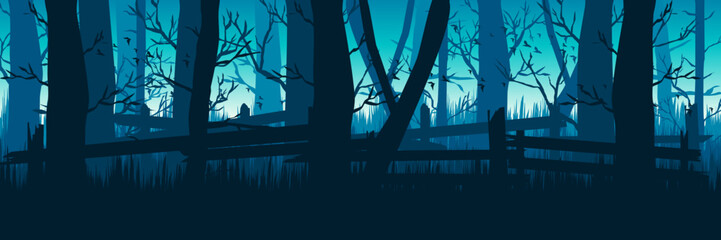 spooky silhouette forest landscape vector illustration good for wallpaper, background, banner, backdrop, halloween and design template