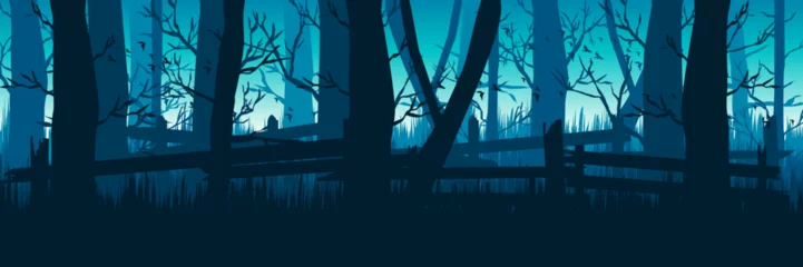 Foto op Plexiglas spooky silhouette forest landscape vector illustration good for wallpaper, background, banner, backdrop, halloween and design template © FahrizalNurMuhammad