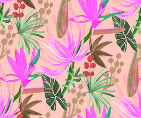 Modern abstract botanical pattern with tropical leaves and korolek strelitzia flowers in pink