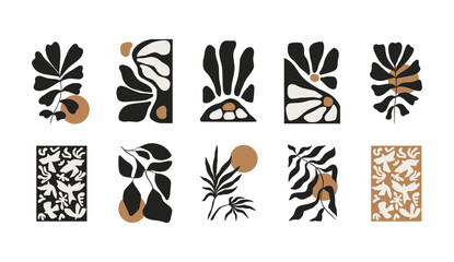 Abstract set of clockwork floral elements. Modern trendy minimalistic Matisse style. Hand drawn for wallpaper, wall decor, print, postcard, cover, template, banner.
