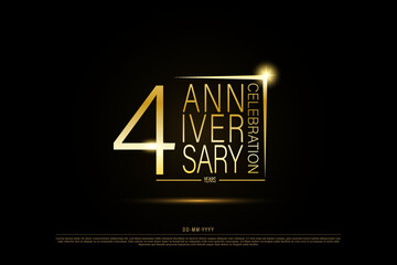 4 years anniversary golden gold logo on black background, vector design for celebration.