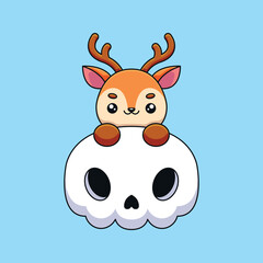 cute skull deer halloween cartoon mascot doodle art hand drawn concept vector kawaii icon illustration