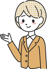 案内をするスーツを着た女性