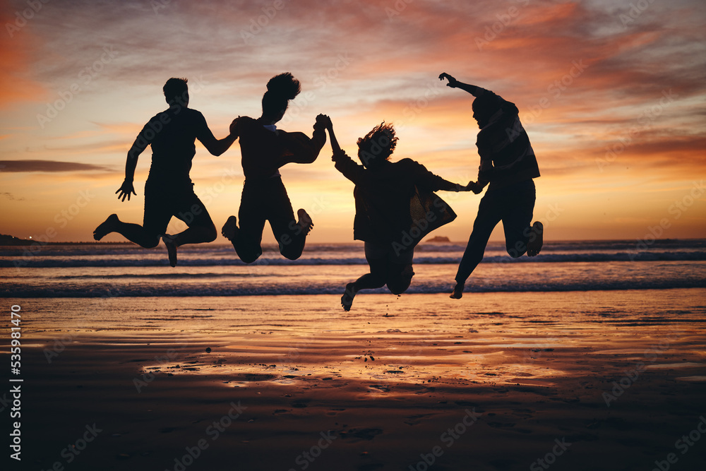 Wall mural freedom, jump and silhouette of friends at the beach and travel on brazil vacation for success, happ