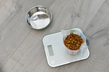 Dry pet food on electronic scales. Cat and dog diet.