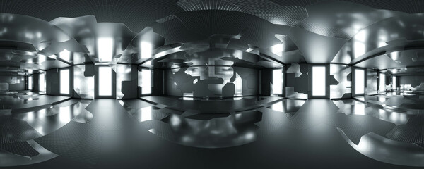 360 degree full panorama environment map of empty black room studio with metal elements 3d render illustration hdri hdr vr virtual reality content