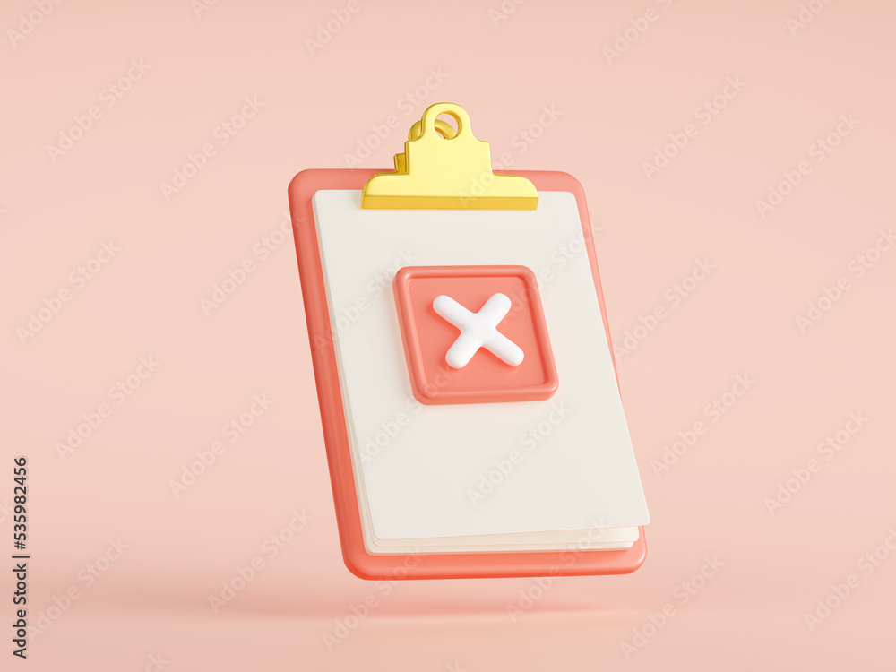 Aufkleber 3d render of red paper clipboard with cross mark. illustration of document with rejection sign. veto