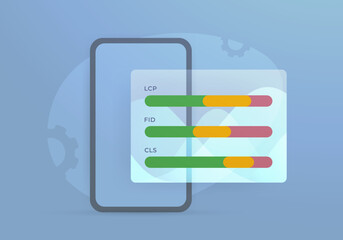 LCP, FID, CLS - Core Web Vitals web site performance metrics. Smartphone with scan results of the mobile website version. Vector illustration concept