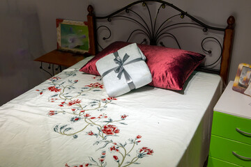 Cozy bridal bedroom interior closeup