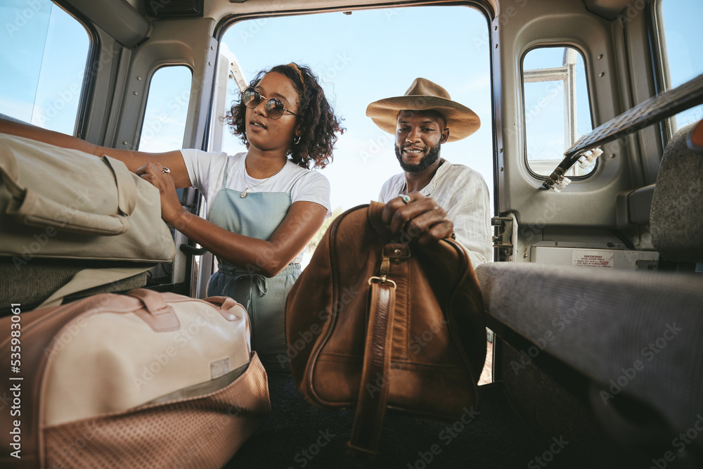 Wall mural black couple, travel and packing for road trip, journey or adventure with bags together. happy afric