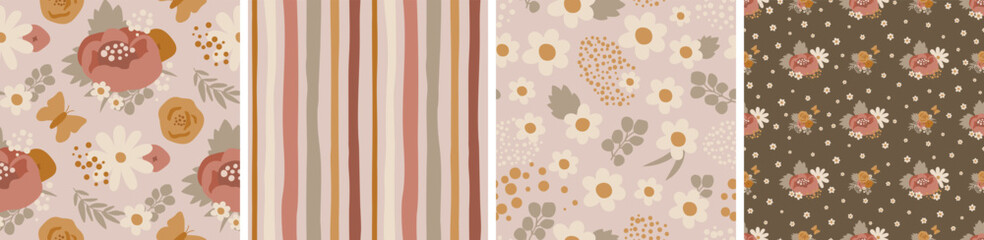 Boho daisy pattern set, Boho peony. Pastel boho floral summer print collection. Earth tone peony seamless pattern Big and small floral background. Nature wedding vector illustration, wallpaper design. © Tani Kuzminka