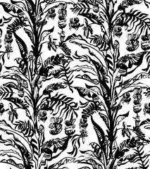 Black and white pattern with a tropical banana palm painted with a dry brush in black gouache for textiles and surface design