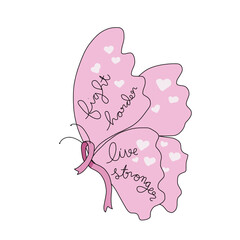 Fight harder, live stronger word on pink butterfly ribbon  vector illustration 