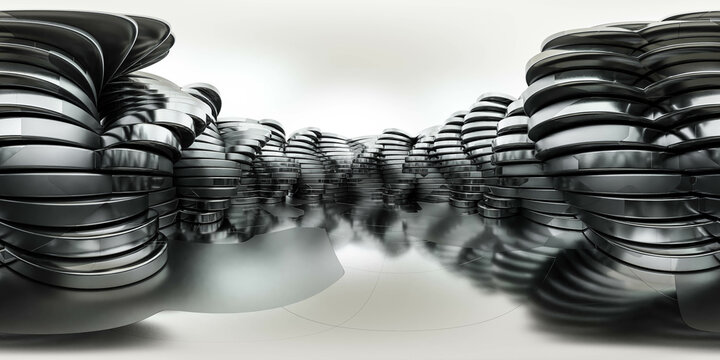 360 degree full panorama environment map of futuristic abstract black round wall exterior. 3d render illustration hdri hdr vr virtual reality content