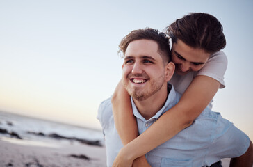 Love, happy and couple have beach fun bonding, relax and enjoy romantic quality time together on sand. Mockup, vacation peace and smile from young man and woman on freedom holiday in Sydney Australia