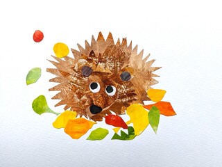 可愛い、カラフルな、切り絵、コラージュ、水彩、上を見上げるハリネズミのイラスト