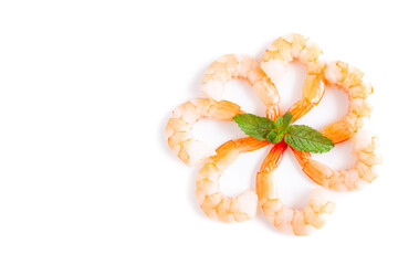Peeled shrimp and Peppermint or Mentha x piperita on white background, Food ingredient, Seafood