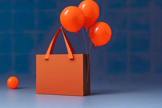3d rendering of promotion sale with orange podium gifts shopping bag and balloon on minimal orange background