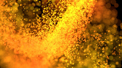 3D illustration of stream of bright particles resembling jet blast with fiery color on black background.