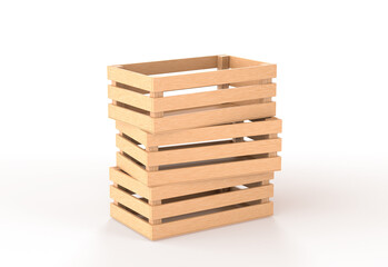 3D Stack of wooden boxes angle view. Pile blank rectangular crates, timber plank containers, tray or pallets for storage and delivery farm fruit or vegetable on white background