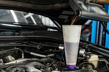 Pouring new oil to the car engine close up