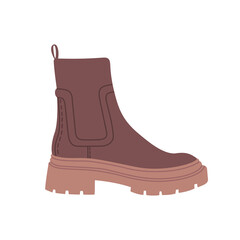 Trendy brown chelsea boots. Modern stylish casual footwear. Hand drawn colored vector illustration isolated on white background. Modern flat cartoon style.