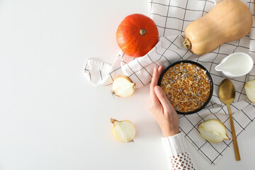 Concept of Autumn vibe food, Pumpkin porridge, space for text